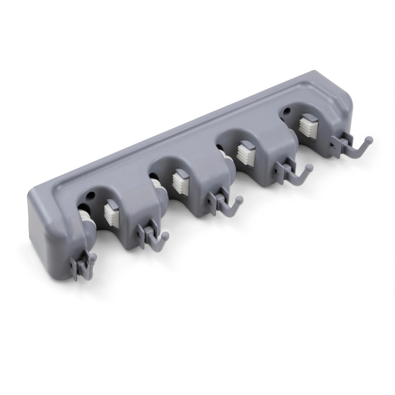 Kunststof houder met haken voor schoonmaakgereedschap 330 x 62 mm, 5 haken, 4 gaten, grijs