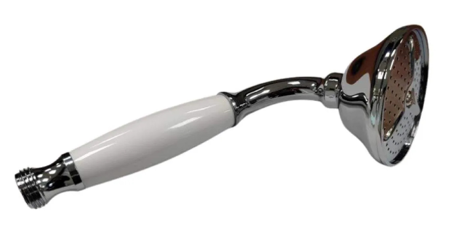 Verchroomde handdouche met witte handgreep, antieke stijl.