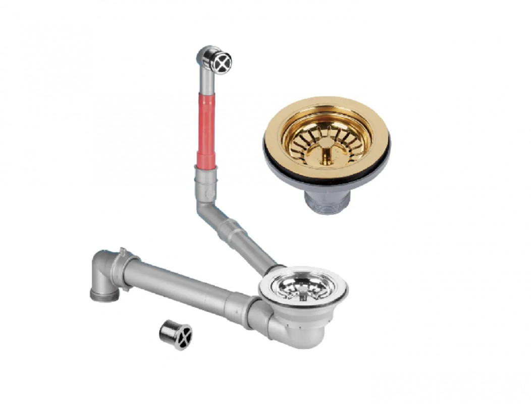Handmatige gootsteenafvoer met glanzend witgouden korf, ruimtebesparend met overloop, diameter 90 mm