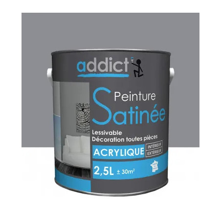 Multi-substrate acrylic paint for interior decoration, Gris argent satin, 2.5 liters.