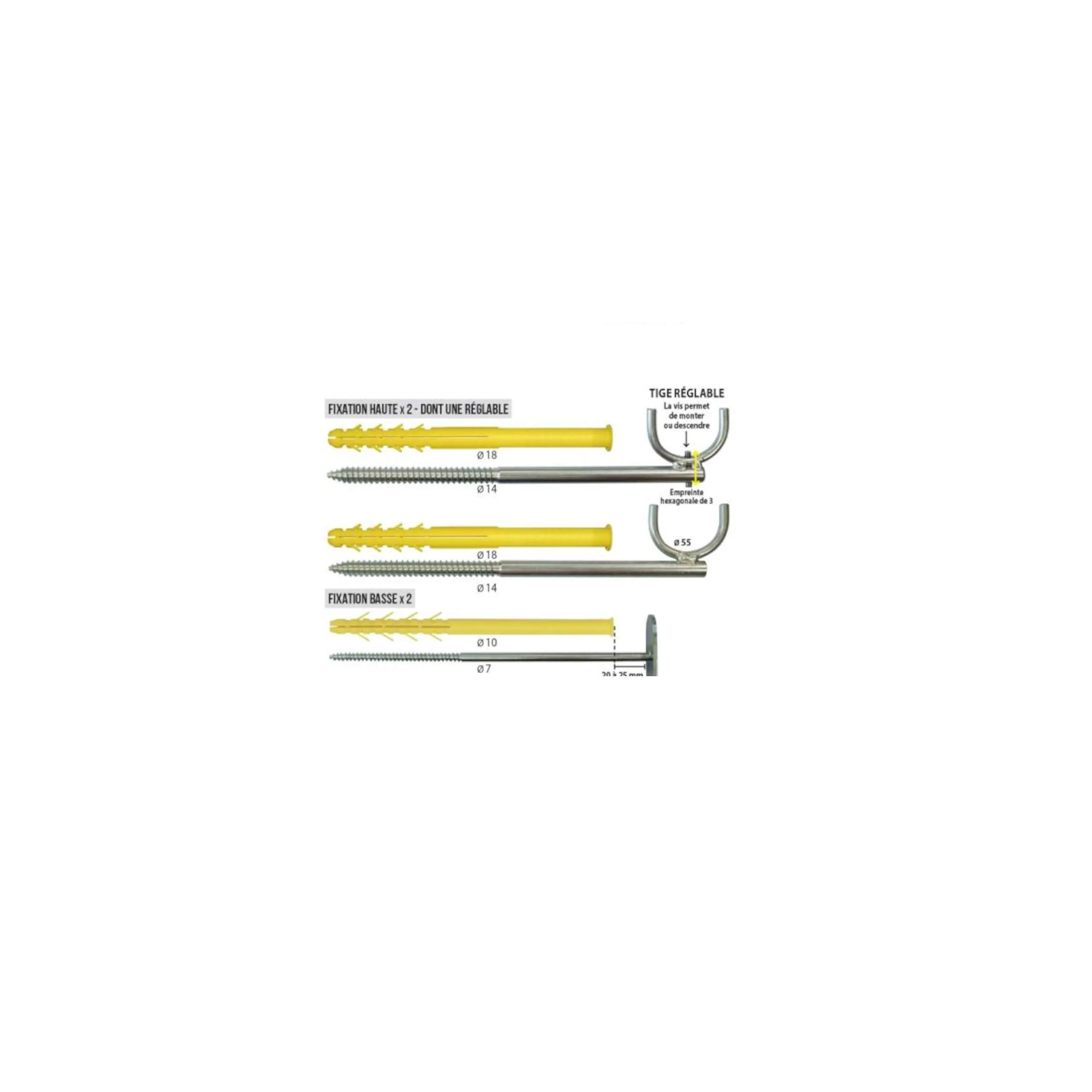 Kit de fixation radiateur en fonte pour mur ancien ou avec doublage, 2 fixations hautes 18x200 et 2 fixations basses 10x200