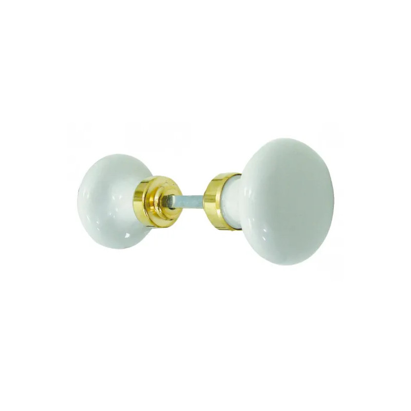 Ronde dubbele knop in wit porselein en gepolijst messing.