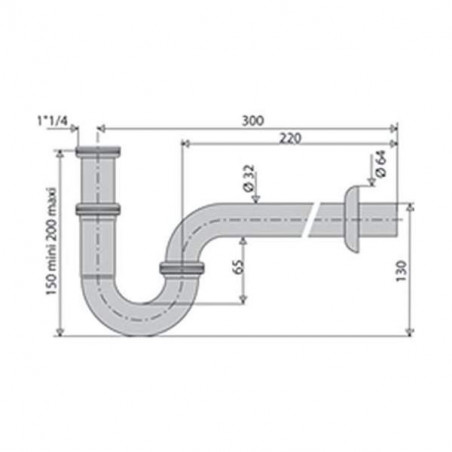 Sifone per lavabo a tubo in ottone cromato, 33x42, altezza da 150 a 200 mm
