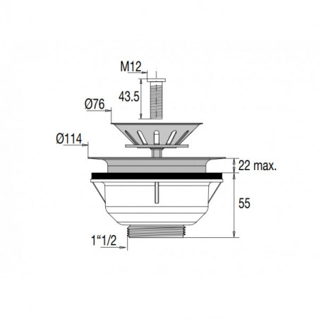 Manual basket sink strainer 90 mm hole, without overflow, chrome-plated stainless steel