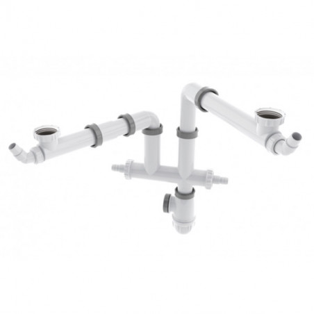Space-saving double-sink drain with siphon and washing-machine connections