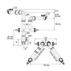 Space-saving double-sink drain with siphon and washing-machine connections