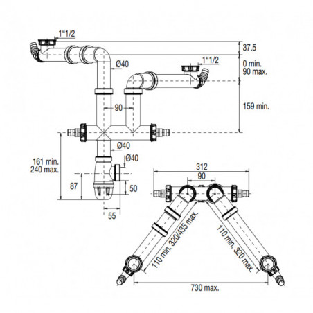 Space-saving double-sink drain with siphon and washing-machine connections