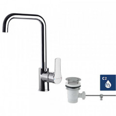 Miscelatore per lavabo a bocca alta in cromo titanio, scarico a scomparsa