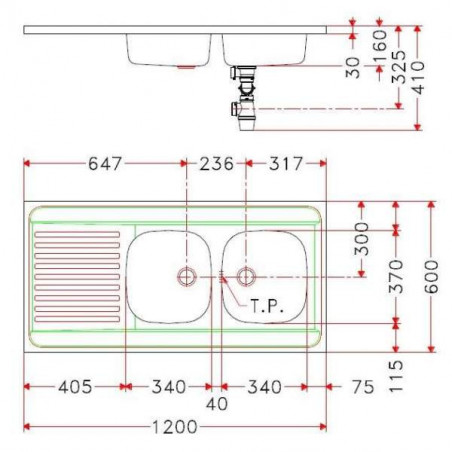 Fregadero de acero inoxidable, independiente 2 cubetas 1 escurridor 1200x600 MAN721 120