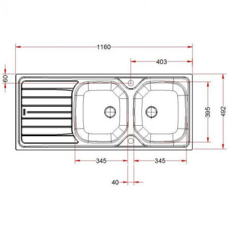 Fregadero de acero inoxidable, encastrado, 2 cubetas 1 escurridor 1160x500 mm, REN621