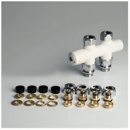 Robinet sèche serviette thermostatique té droit de retour, entraxe 50 mm avec raccords