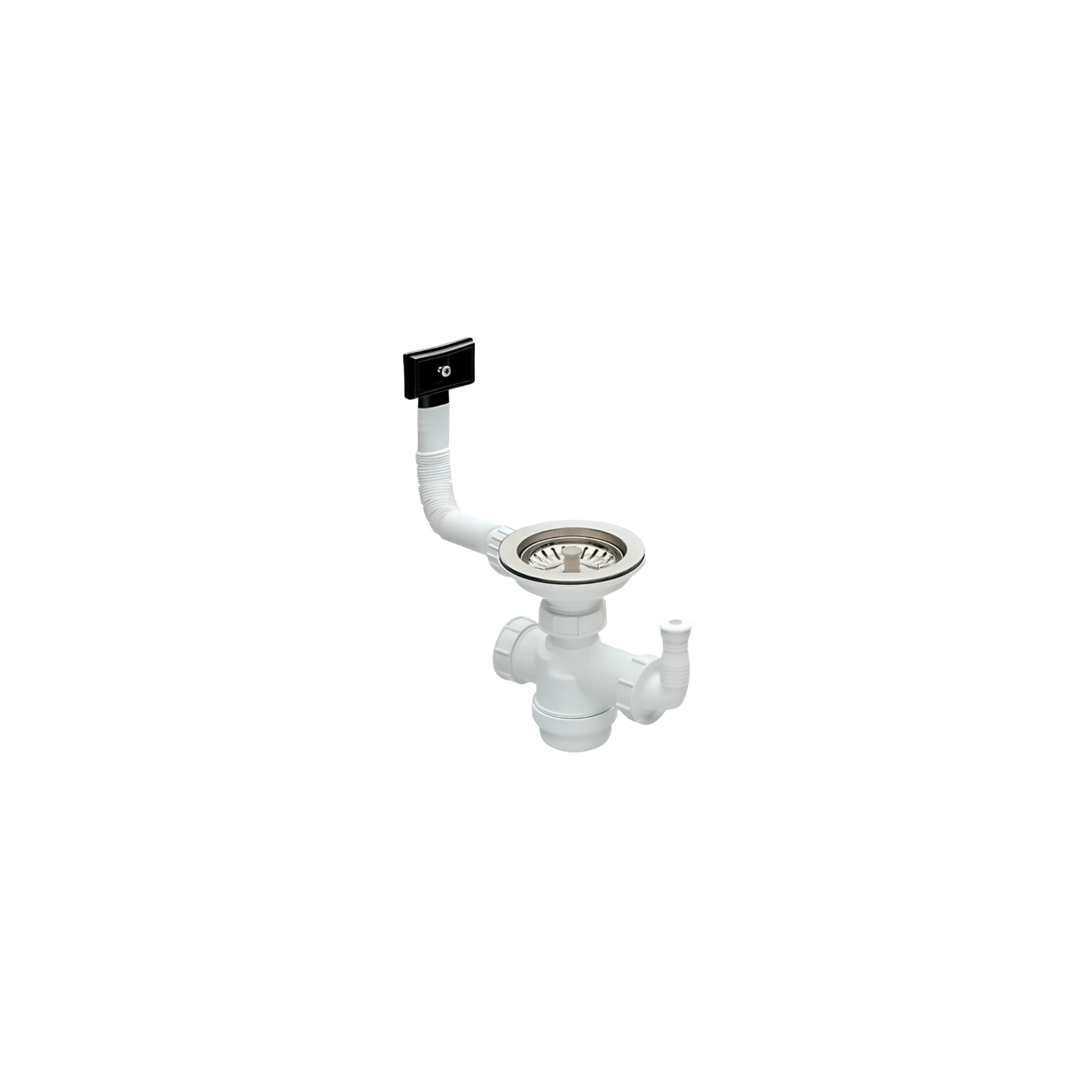 Vidage évier inox 1 cuve Ø90, bonde Ø113, siphon extra-plat  gain-de-place, trop-plein rectangulaire