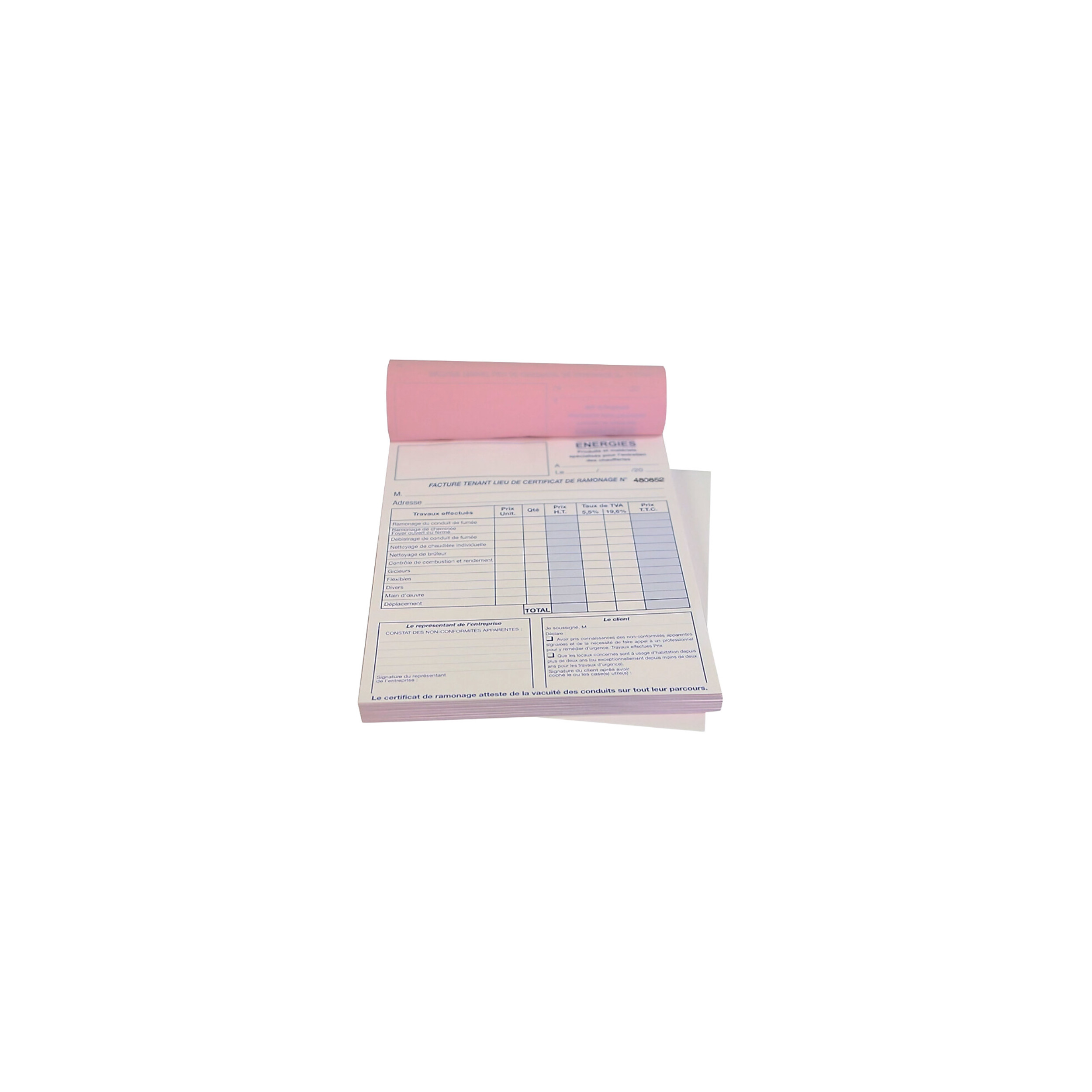 Carnet facturation, entretien professionnel de ramonage 50 feuillets