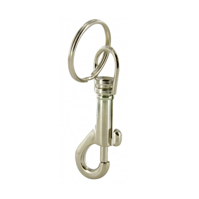 Pompkarabijnhaak met ring, vernikkeld staal, L.75mm, D.30mm, 1 stuk.