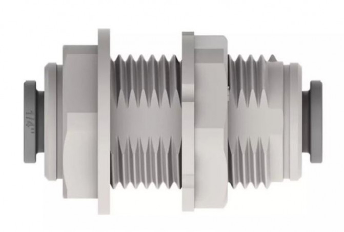 Grey acetal Push-Fit rigid bulkhead connector for 5/16" (8 mm) pipe