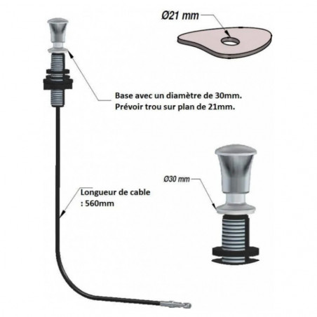Pull cord in shiny 304 stainless steel, 560 mm cable for automatic sink strainer