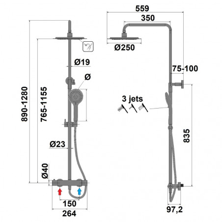 DOMAO 300 matte black thermostatic shower column, extra-flat showerhead, 3-spray hand shower