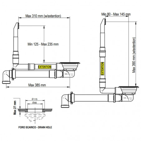 Bonde évier gris anthracite diamètre 115 mm gain de place, trop plein rond