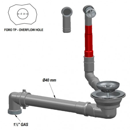Bonde évier gris anthracite diamètre 115 mm gain de place, trop plein rond