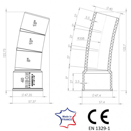 Codo multiángulo PVC 40 mm 5°/10°/15° macho hembra