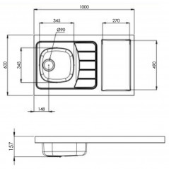 Evier pour kitchenette 100x60cm avec découpe pour Domino (non fourni), réversible.