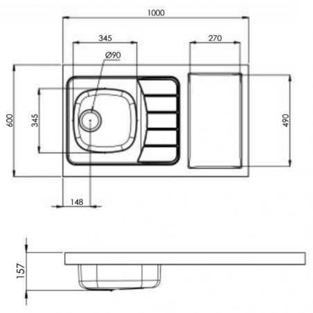 Evier pour kitchenette 100x60cm avec découpe pour Domino (non fourni), réversible.