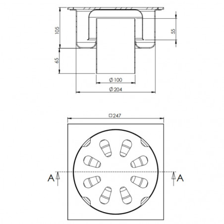Stainless steel drain 247x247 mm, vertical outlet 100 mm