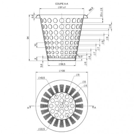 Panier acier inoxydable filtration déchets siphon de sol sortie 100 mm