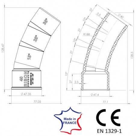 Coude PVC 40 mm multi-angles 15°/25°/35° sécable mâle femelle