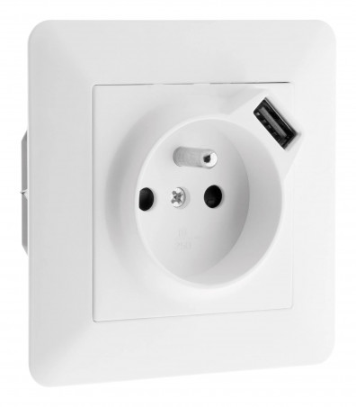 Prise deux pôles + terre encastrable + USB modèle ARTEZO blanc.