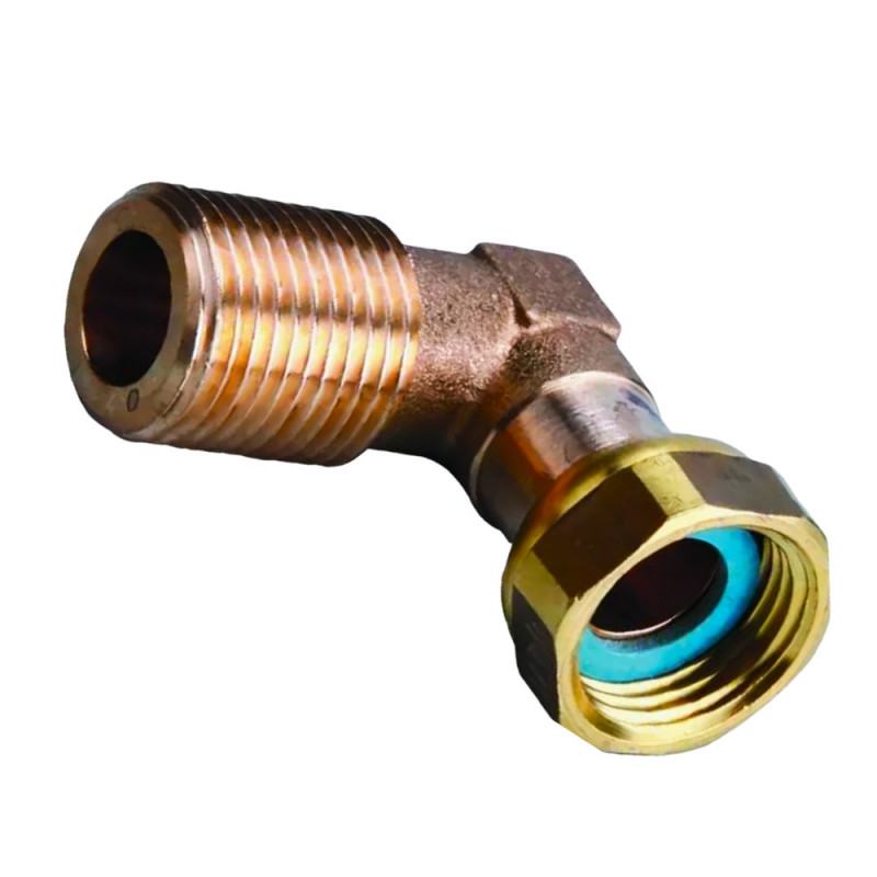 Raccordo a 90° in ottone a gomito per gas naturale 15x21 maschio femmina dado libero Raccordo a 90° in ottone a gomito per gas naturale 15x21 maschio femmina dado libero