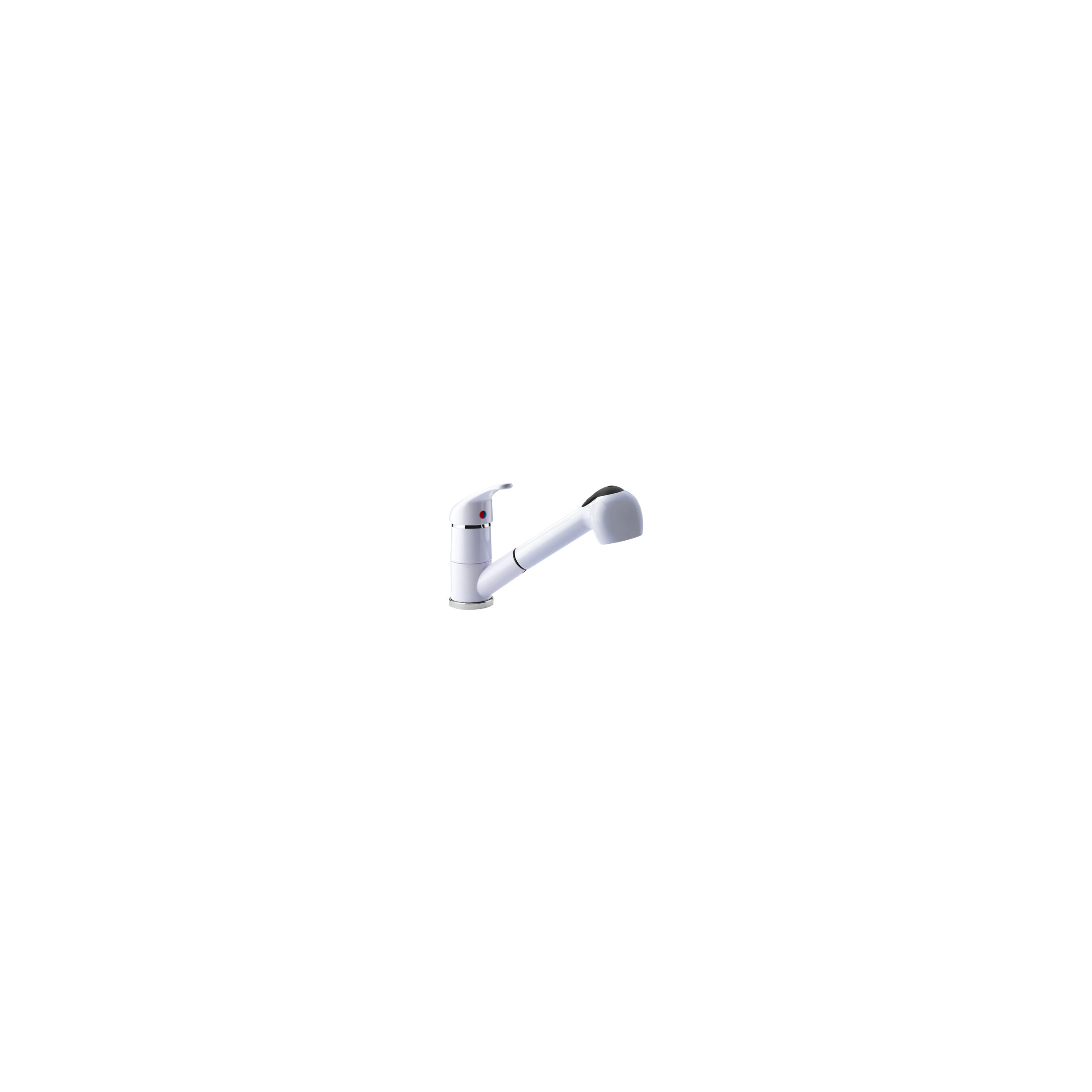 Glossy white single-lever sink mixer with pull-out hand shower
