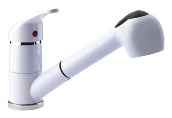 Glossy white single-lever sink mixer with pull-out hand shower