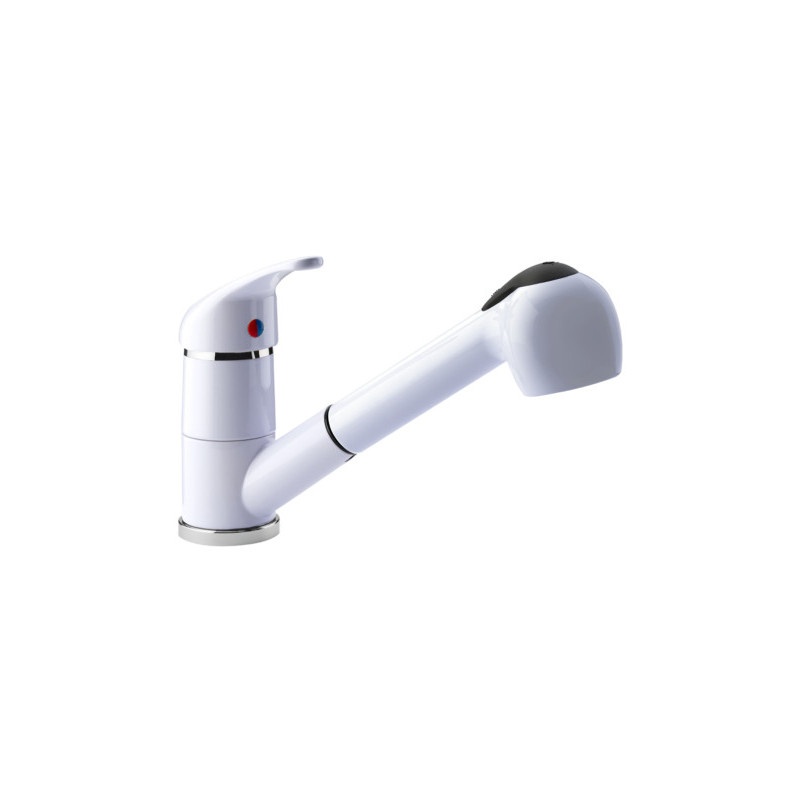 Glossy white single-lever sink mixer with pull-out hand shower Glossy white single-lever sink mixer with pull-out hand shower