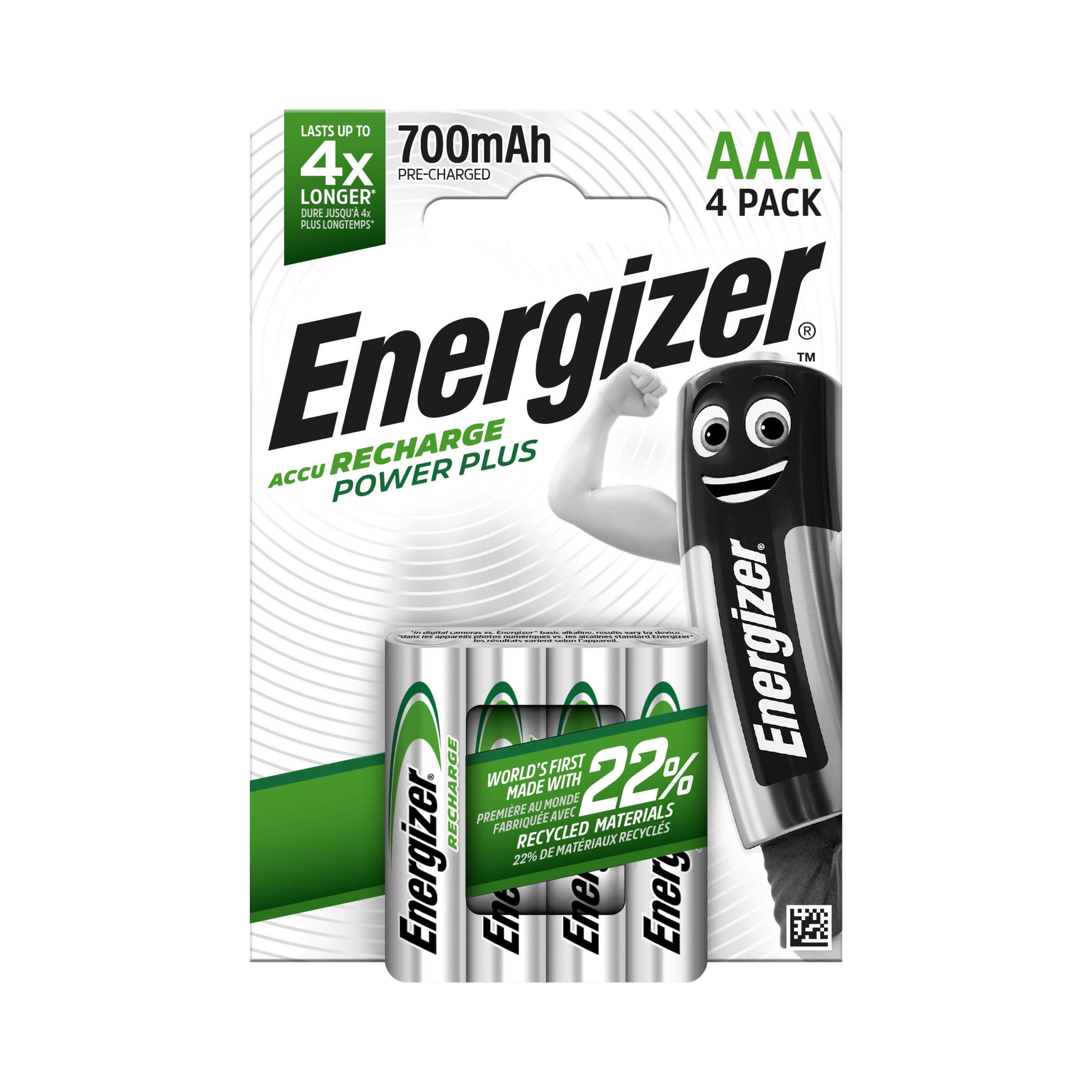 Piles rechargeable AAA HR03 700mAh ENERGIZER Power plus, lot de 4 piles
