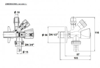Combinatie hoekkraan voor wasmachines, messing verchroomd