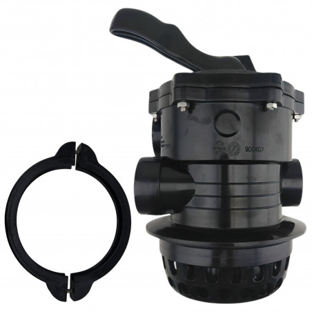 Válvula de piscina Aqualux Cocoon Axos Xeo 6 vías brida TOP, negra, con collarín, tornillos y junta