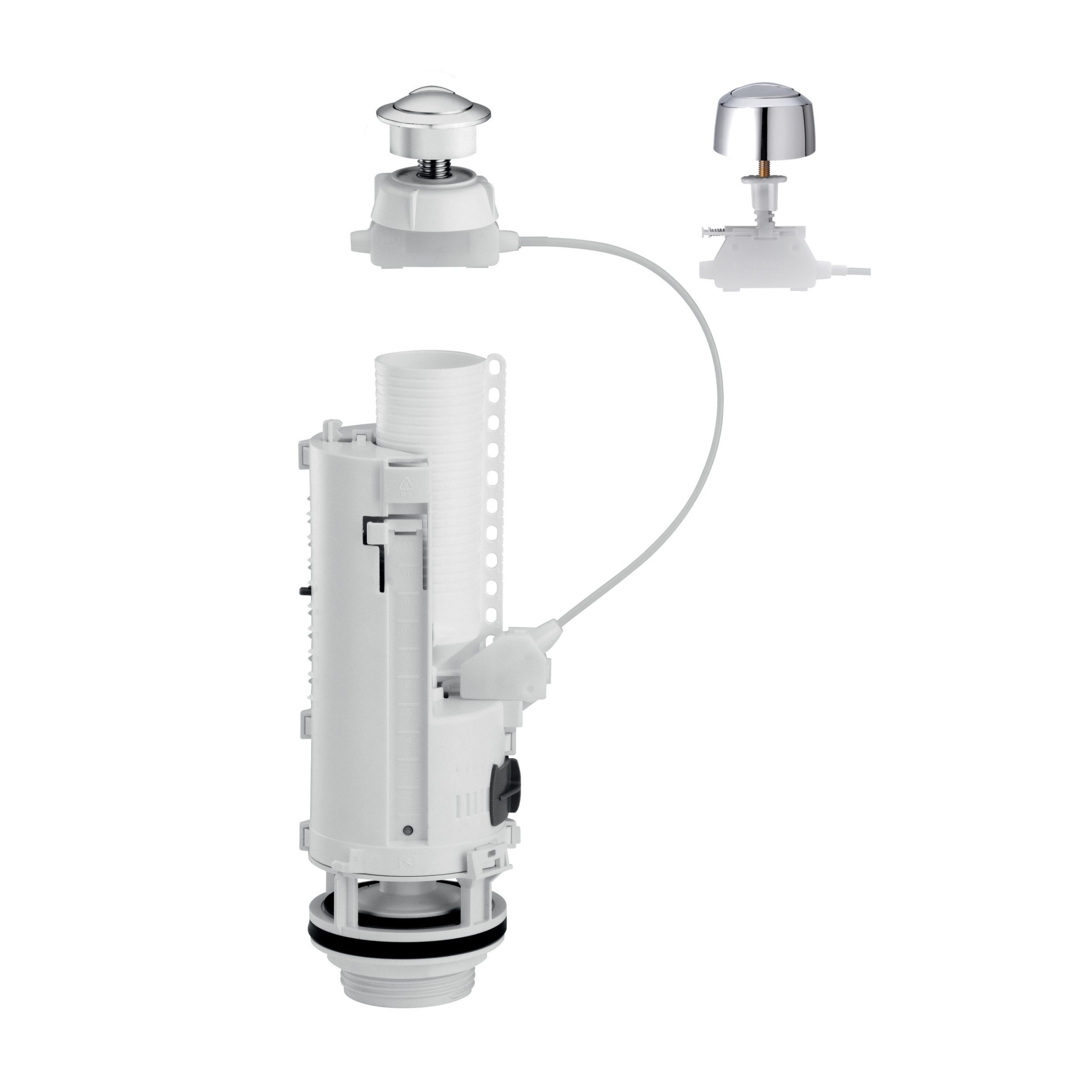Universal dual-volume flush mechanism with special renovation cable, standard knobs and small holes