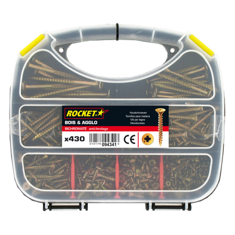 Juego de 430 tornillos Rocket antifisuras para madera y aglomerado, cabeza avellanada PZ