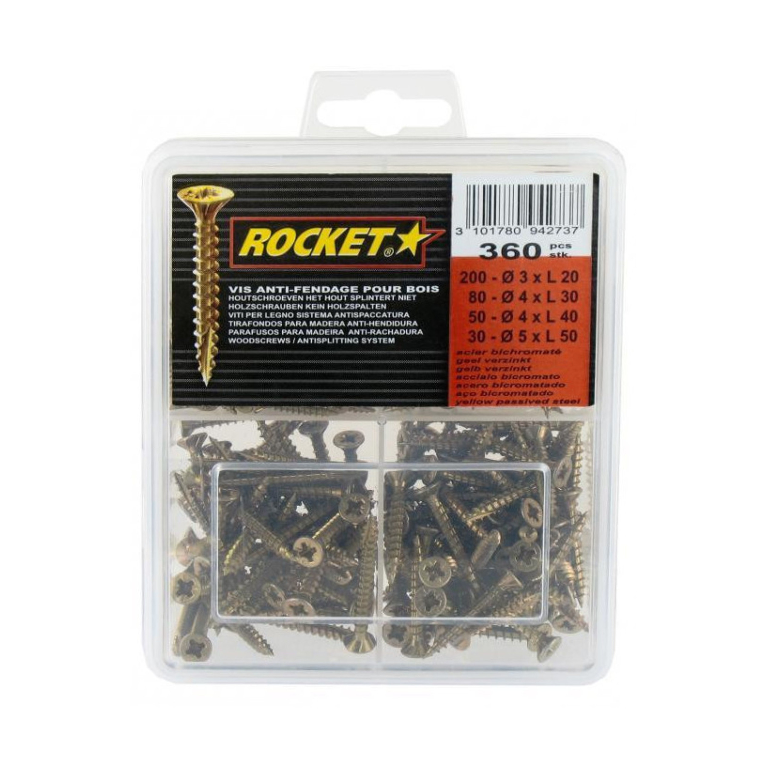 Assortiment 360 vis bois Rocket tête fraisée PZ acier bichromaté
