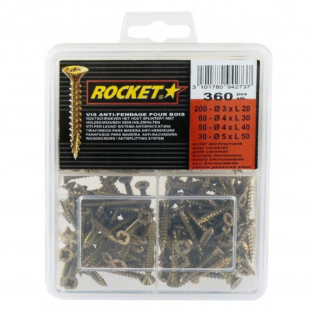 Assortiment 360 vis bois Rocket tête fraisée PZ acier bichromaté