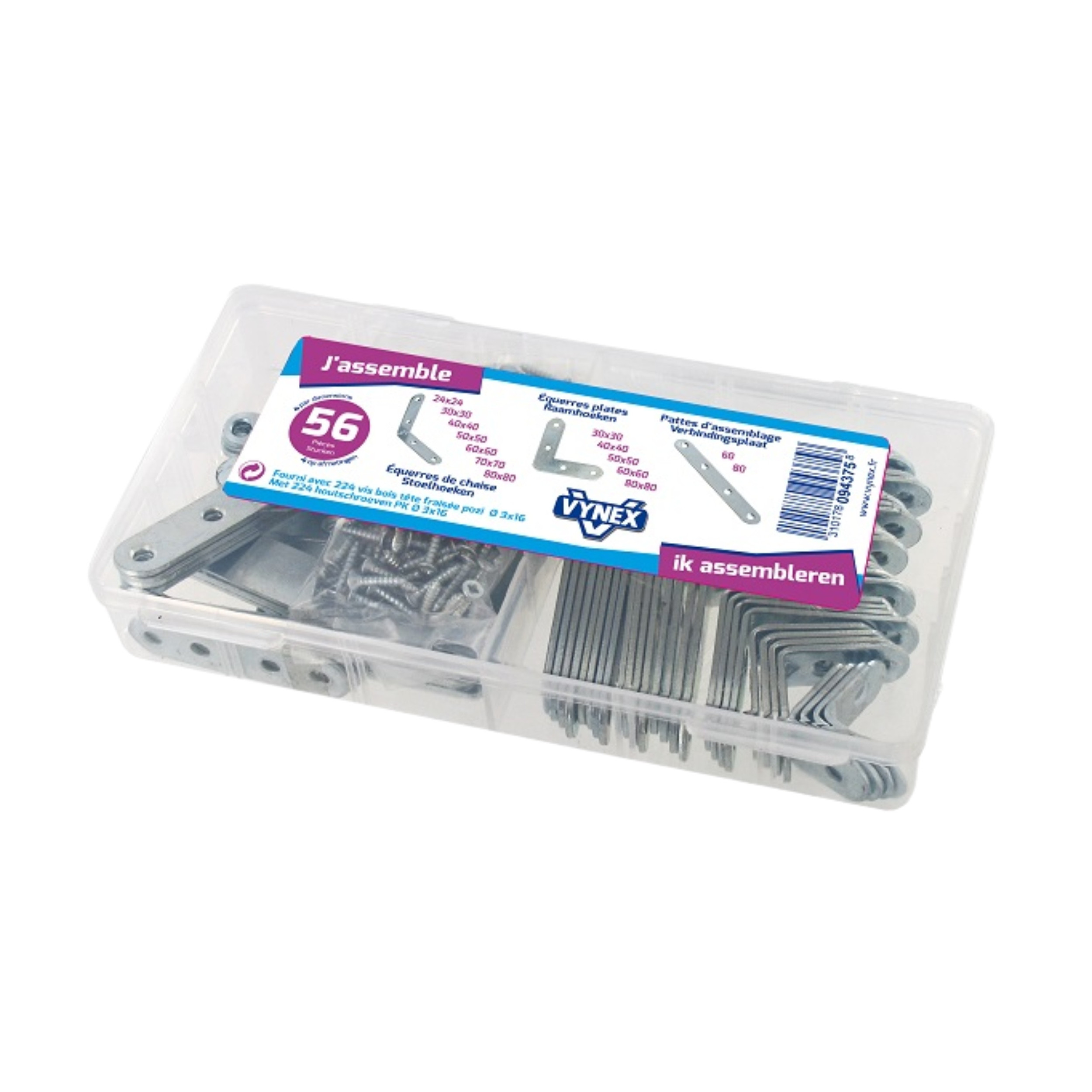 Coffret 56 équerres et pattes d’assemblage Vynex avec vis acier galvanisé