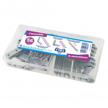 Coffret 56 équerres et pattes d’assemblage Vynex avec vis acier galvanisé