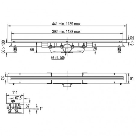 Extra-flat shower channel, adjustable from 400 to 1200 mm, including sealing strip, Panama