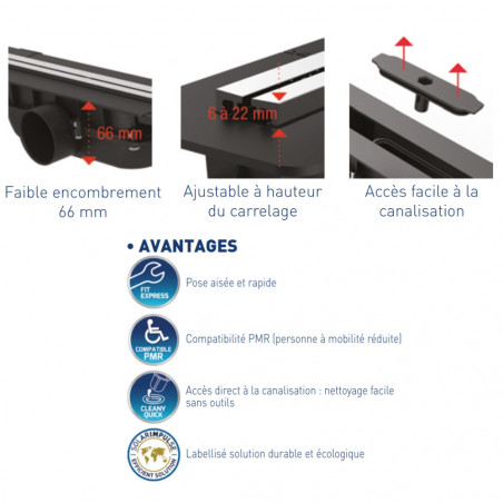 Caniveau de douche extra-plat ajustable de 400 à 1200 mm, bande d'étanchéité incluse, Panama