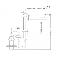 Siphon gain de place gris métallisé pour évier collectif 1 bassin avec sortie au sol