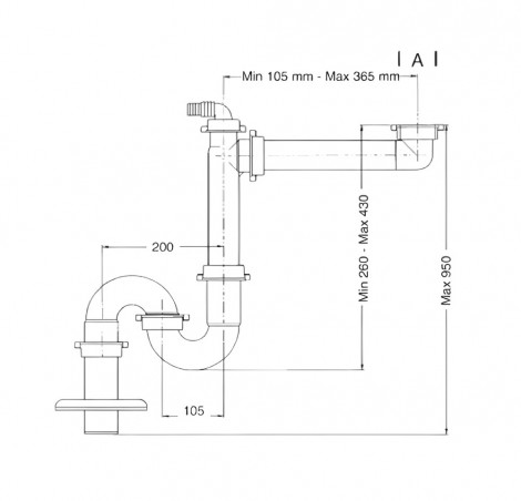 Space-saving siphon in metallic grey for 1-basin commercial sink with floor drain