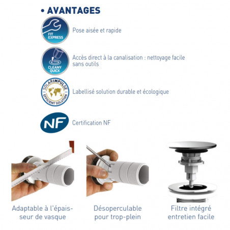Bonde universelle lavabo vasque digiclic ou écoulement libre