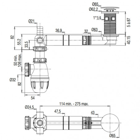 Extra-platte wastafelafvoer, ruimtebesparend, universele afvoerplug, afkappbaar, chroom en wit NF VALENTIN 62500000000 - Imag...