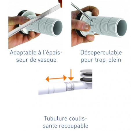 Vidage vasque gain de place, bonde lavabo universel recoupable , chromé et blanc NF